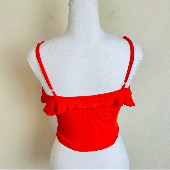 Forever 21 Orange Red Ruffle Neck Ribbed Crop Tank Top - Picture 2 of 9